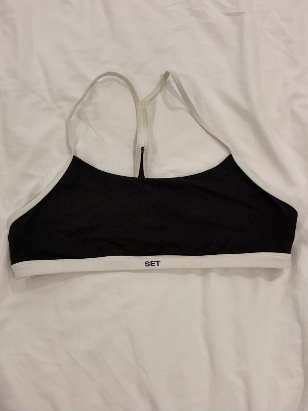 SET Active racerback Black sports bra with White Trim